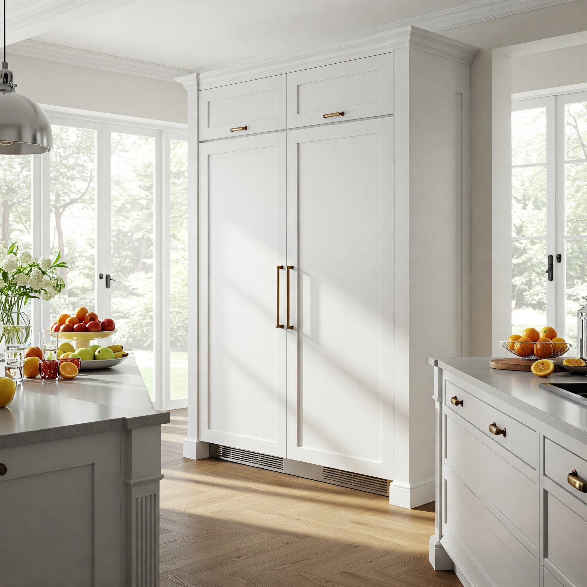 Built-In refrigerator white white door panels in natural light filled kitchen