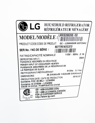LG refrigerator model number and serial number sticker