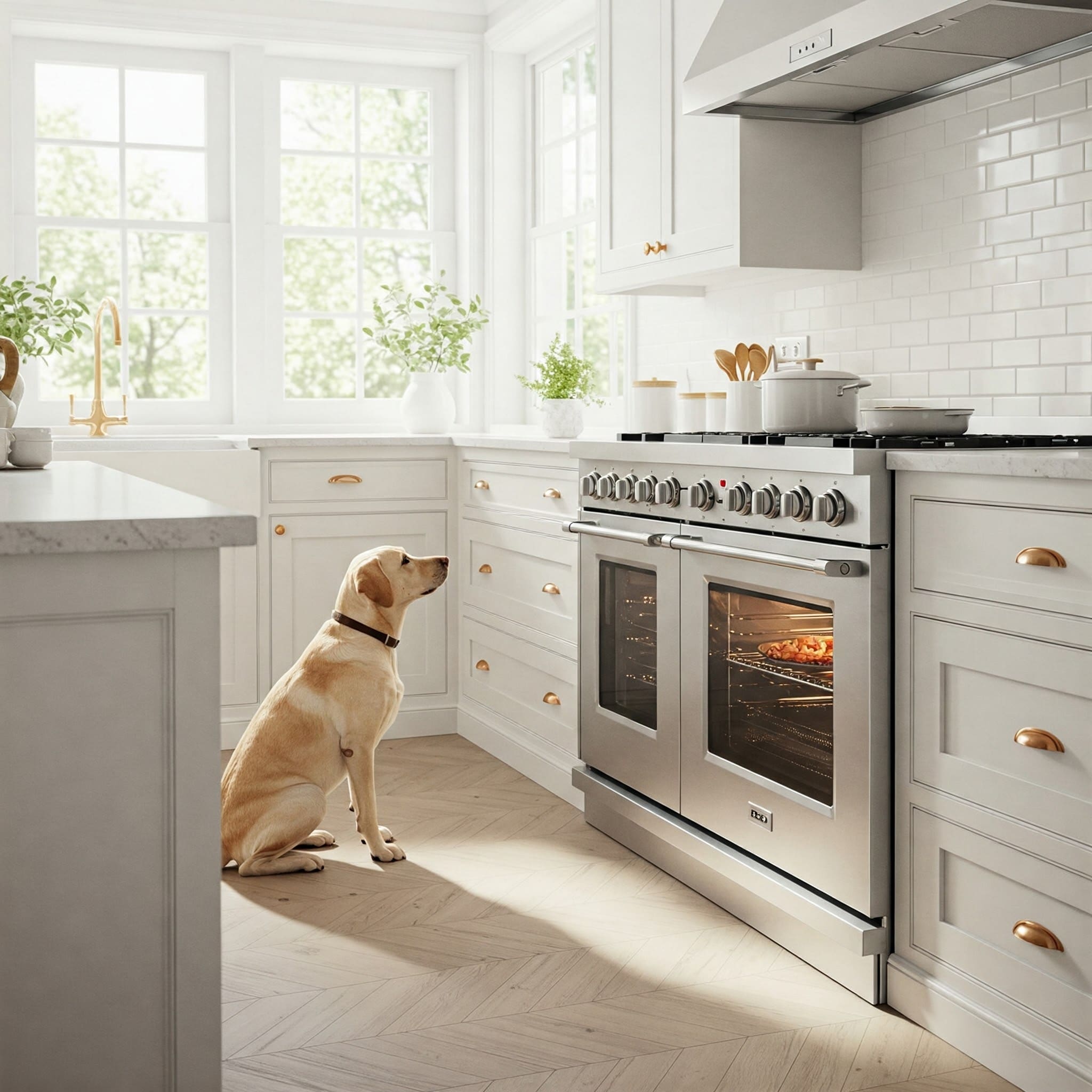 Dog watching food bake in front of oven in bright and airy kitchen