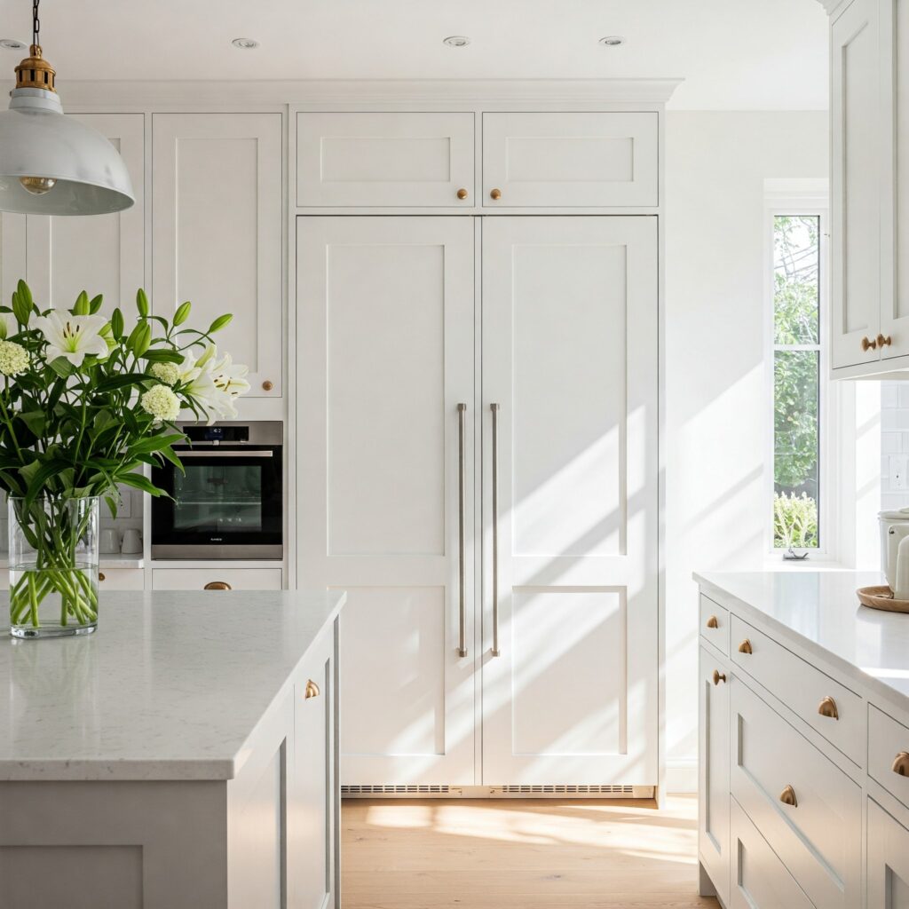 bright kitchen with bouquet of white flowers on counter and large, white paneled built-in refrigerator in view
