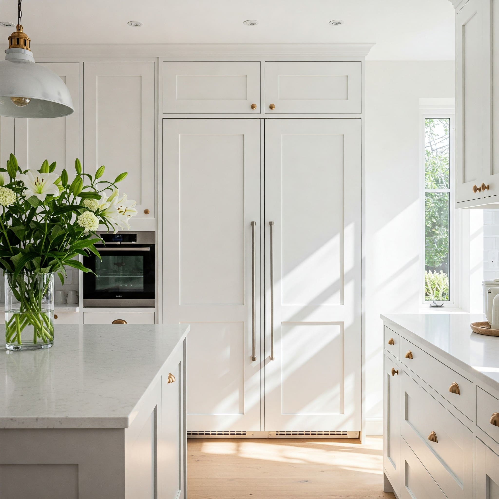 bright kitchen with bouquet of white flowers on counter and large, white paneled built-in refrigerator in view