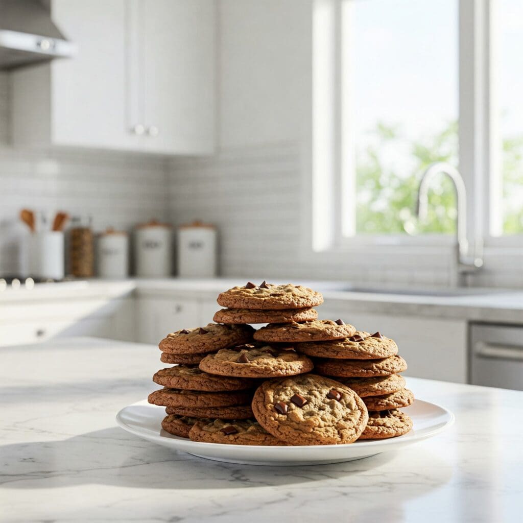 bright airy kitchen with chocolate chip cookies on counter