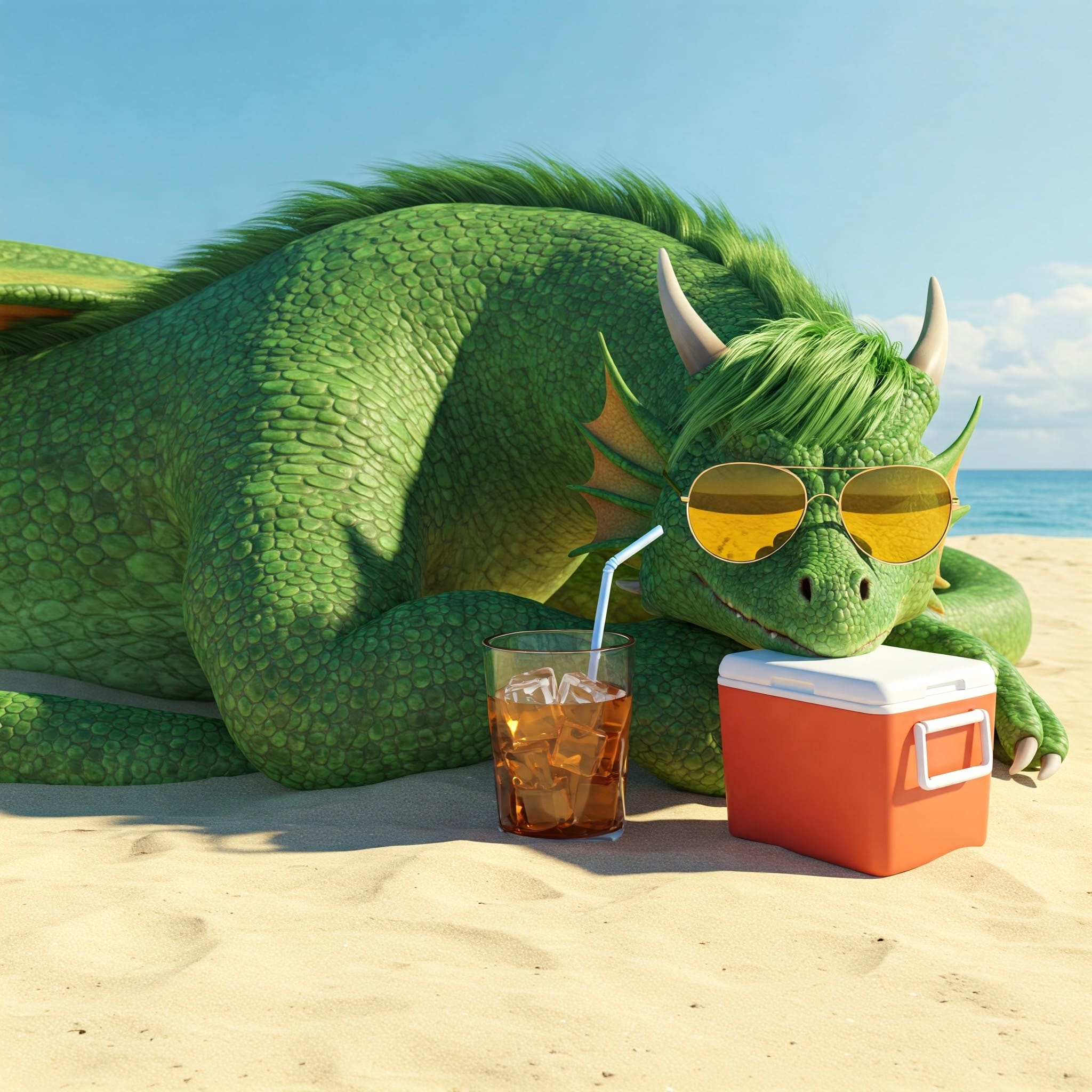 Dragon wearing Sunglasses sleeping on beach with icetea and a cooler next to it.