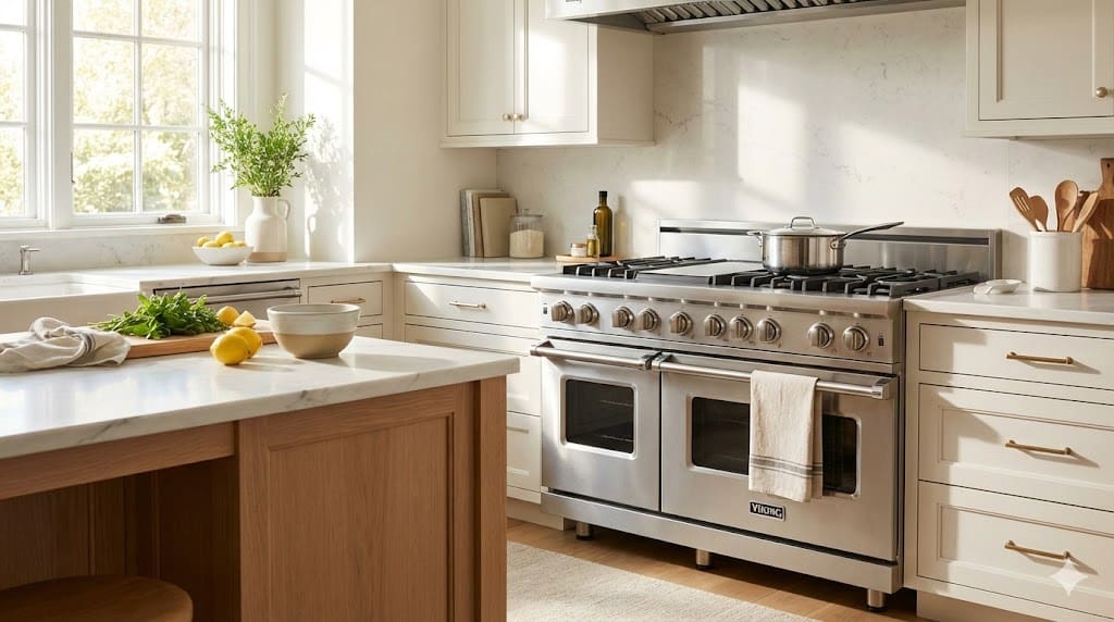 60-inch stainless steel Viking range in a bright, luxury Hampton-esque kitchen.