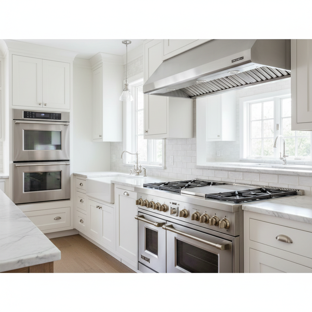 A bright, modern Hamptons style kitchen featuring high-end stainless steel wall ovens and a professional range in perfect working order.