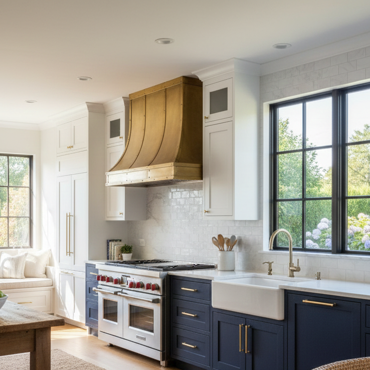 wolf range in large modern light filled Hampton style kitchen